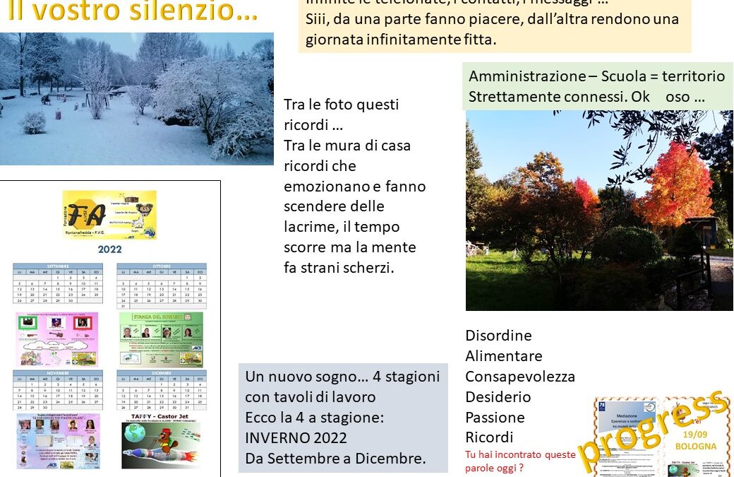 27 _ Scuola,Silenzio, Calendario, Stagioni, Ricordi, Convegni, Mascotte, Tappy Castor Jet, QuadernONI, Foto inverno, autunno