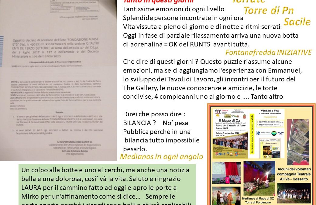 28 _ Giorni intensi: Mago Oz aTorre di Pordenone, Runts, Emmanuel, Compleanni, Volontari Ail, Alpini, Avis, Medianos e …